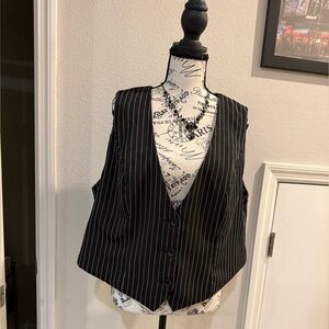 SHEIN Black Pinstripe V-Neck Button Vest